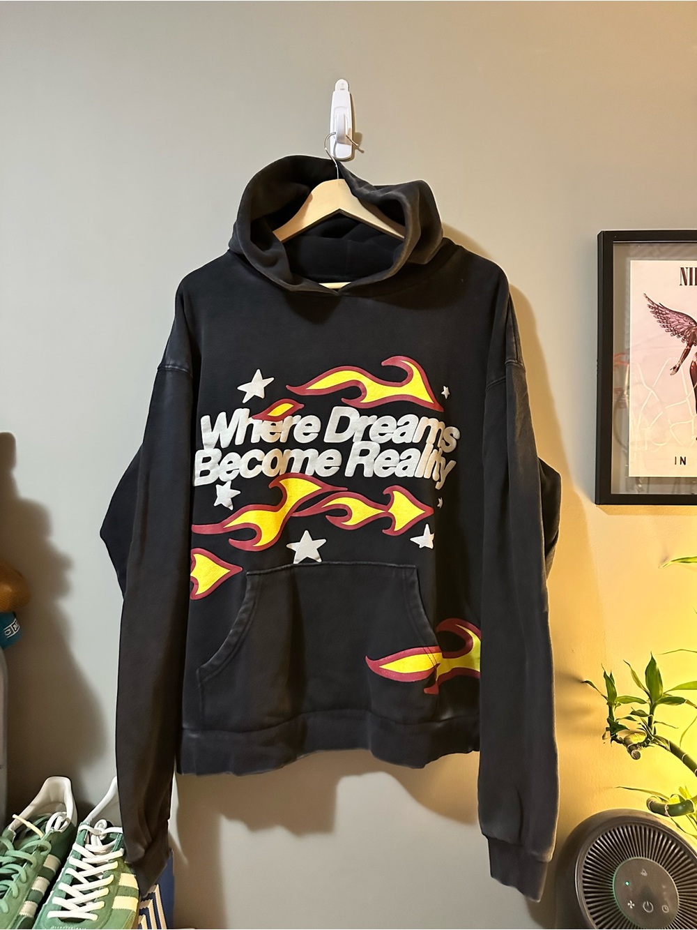 Black Graphic Hoodie Sweatshirt with Flame Design